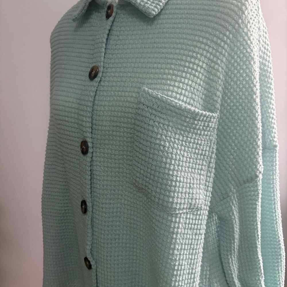 Mint Green Waffle Knit Button-Up Top - Picture 4 of 5